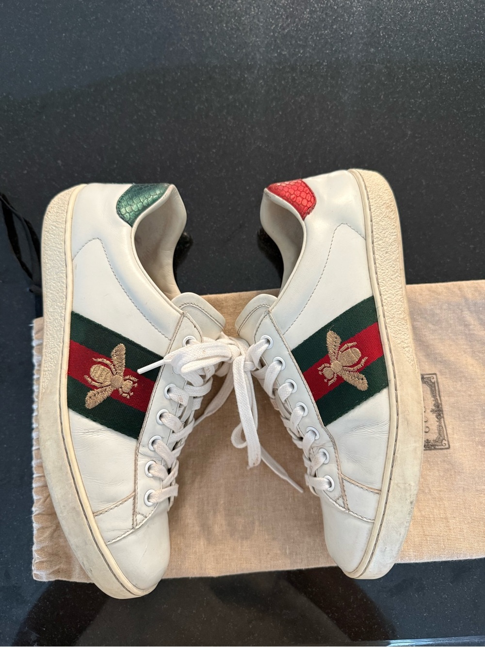 Gucci White Leather Sneakers with Red & Green and Gold Bee